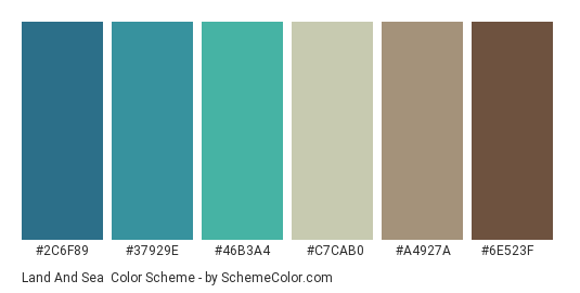 Land and Sea - Color scheme palette thumbnail - #2C6F89 #37929E #46B3A4 #c7cab0 #A4927A #6E523F 