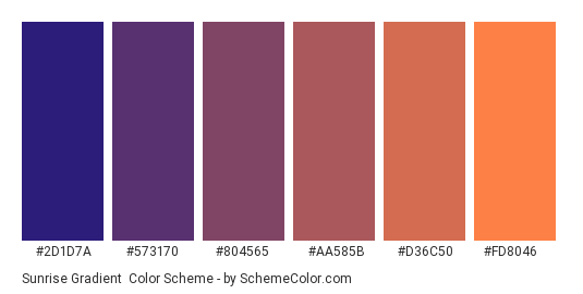 Sunrise Gradient - Color scheme palette thumbnail - #2D1D7A #573170 #804565 #AA585B #D36C50 #FD8046 