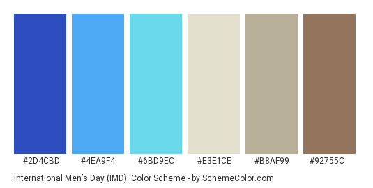 International Men’s Day (IMD) - Color scheme palette thumbnail - #2D4CBD #4EA9F4 #6BD9EC #E3E1CE #B8AF99 #92755C 