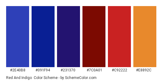 Red and Indigo - Color scheme palette thumbnail - #2E40B8 #091F94 #231370 #7C0A01 #C92222 #E8892C 