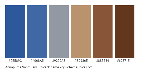 Annapurna Sanctuary - Color scheme palette thumbnail - #2E589C #4068A5 #9299A3 #B9936E #885539 #62371E 