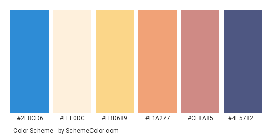 Wavy Clouds - Color scheme palette thumbnail - #2E8CD6 #FEF0DC #FBD689 #F1A277 #CF8A85 #4E5782 