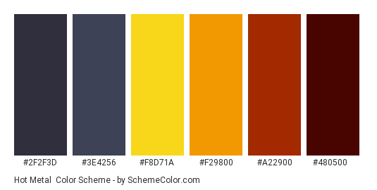 Hot Metal - Color scheme palette thumbnail - #2F2F3D #3E4256 #F8D71A #F29800 #A22900 #480500 