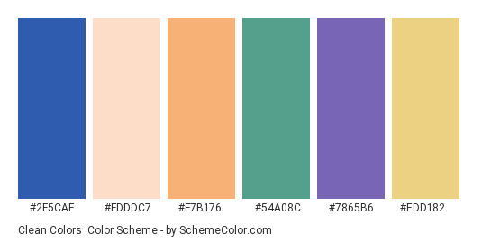 Clean Colors - Color scheme palette thumbnail - #2F5CAF #FDDDC7 #F7B176 #54A08C #7865B6 #EDD182 