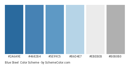 Blue Steel - Color scheme palette thumbnail - #2a6a9e #4682b4 #5e99c5 #b6d4e7 #ebebeb #b0b0b0 