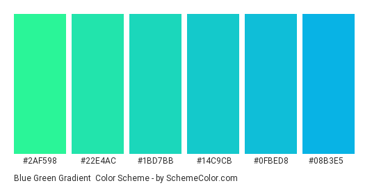 Blue Green Gradient - Color scheme palette thumbnail - #2af598 #22e4ac #1bd7bb #14c9cb #0fbed8 #08b3e5 