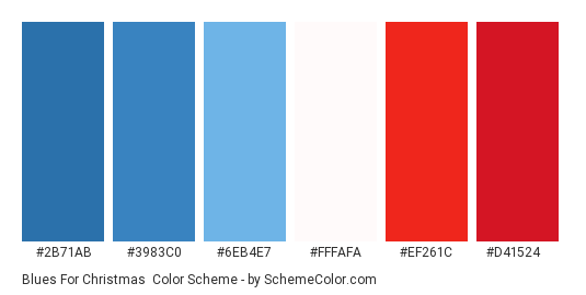 Blues For Christmas - Color scheme palette thumbnail - #2b71ab #3983c0 #6eb4e7 #FFFAFA #ef261c #d41524 