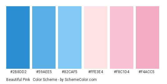 Beautiful Pink & Blue - Color scheme palette thumbnail - #2b8dd2 #59aee5 #82caf5 #ffe3e4 #f8c1d4 #f4acc5 