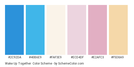 Wake up Together - Color scheme palette thumbnail - #2c92da #40b6e9 #faf3e9 #ecd4df #e2afc3 #f5d8a9 
