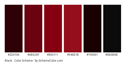Black & Red from Hell - Color scheme palette thumbnail - #2d0106 #6b020f #850111 #940e1b #190001 #0b0b0b 