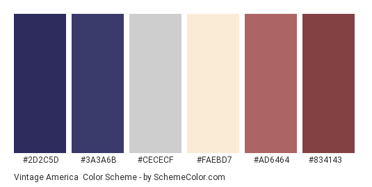 Vintage America - Color scheme palette thumbnail - #2d2c5d #3a3a6b #CeCeCF #faebd7 #ad6464 #834143 