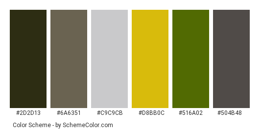 Fresh Dogwood - Color scheme palette thumbnail - #2d2d13 #6a6351 #c9c9cb #d8bb0c #516a02 #504b48 