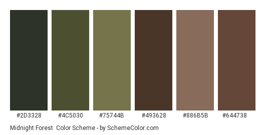 Midnight Forest - Color scheme palette thumbnail - #2d3328 #4c5030 #75744b #493628 #886b5b #644738 