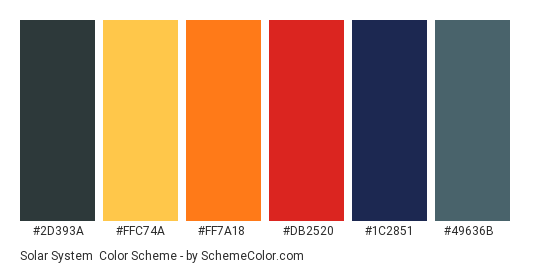 Solar System - Color scheme palette thumbnail - #2d393a #ffc74a #ff7a18 #db2520 #1c2851 #49636b 
