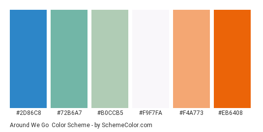 Around We Go - Color scheme palette thumbnail - #2d86c8 #72b6a7 #b0ccb5 #f9f7fa #f4a773 #eb6408 