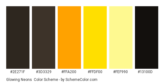 Glowing Neons - Color scheme palette thumbnail - #2e271f #3d3329 #ffa200 #ffdf00 #fef990 #13100d 