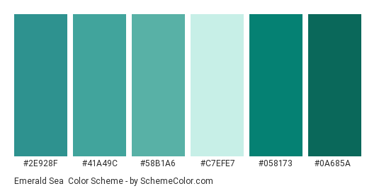 Emerald Sea - Color scheme palette thumbnail - #2e928f #41a49c #58b1a6 #c7efe7 #058173 #0a685a 