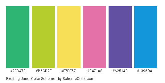 Exciting June - Color scheme palette thumbnail - #2eb473 #b6cd2e #f7df57 #e471a8 #6251a3 #1396da 