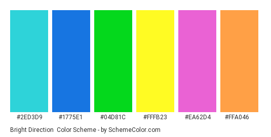 Bright Direction - Color scheme palette thumbnail - #2ed3d9 #1775e1 #04d81c #fffb23 #ea62d4 #ffa046 