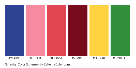 Splashy - Color scheme palette thumbnail - #2f4395 #f88a9f #e14551 #780b1b #ffd240 #33903a 