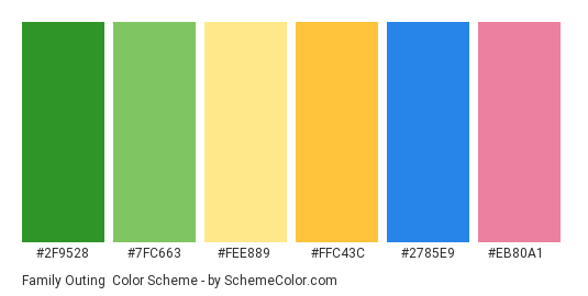 Family Outing - Color scheme palette thumbnail - #2f9528 #7fc663 #fee889 #ffc43c #2785e9 #eb80a1 