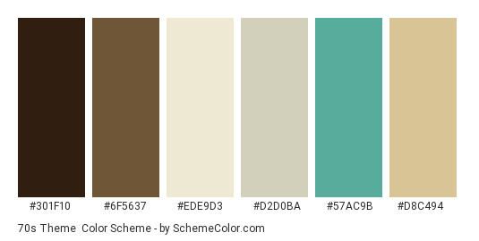 70s Theme - Color scheme palette thumbnail - #301F10 #6F5637 #EDE9D3 #D2D0BA #57AC9B #D8C494 