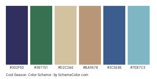 Cool Season - Color scheme palette thumbnail - #302F5D #387151 #D2C2A0 #BA9678 #3C5E8E #7EB7C3 