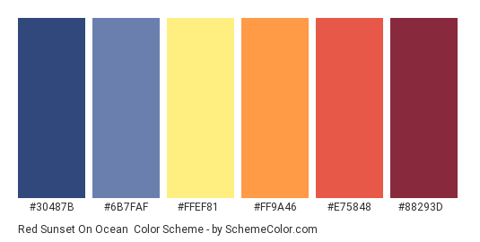 Red Sunset on Ocean - Color scheme palette thumbnail - #30487B #6B7FAF #FFEF81 #FF9A46 #E75848 #88293D 