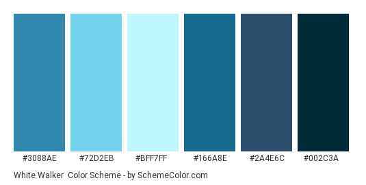 White Walker - Color scheme palette thumbnail - #3088AE #72D2EB #BFF7FF #166A8E #2A4E6C #002C3A 