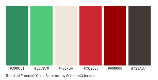 Red and Emerald - Color scheme palette thumbnail - #308C61 #50C878 #F0E7DA #CC2630 #990000 #423A37 