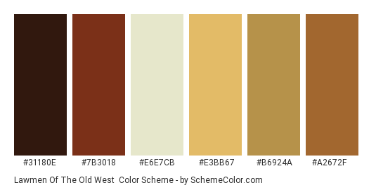Lawmen of the Old West - Color scheme palette thumbnail - #31180e #7b3018 #e6e7cb #e3bb67 #b6924a #a2672f 
