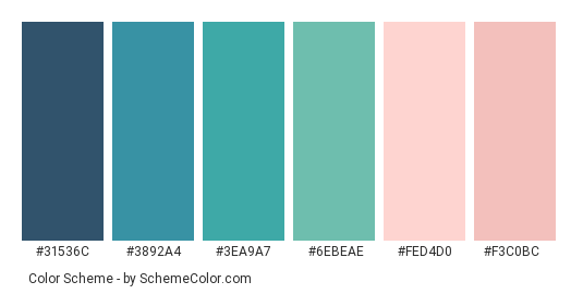 Pink Sand Beach - Color scheme palette thumbnail - #31536c #3892a4 #3ea9a7 #6ebeae #fed4d0 #f3c0bc 