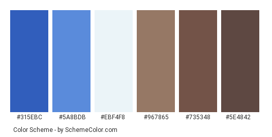 Blue Sky Brown Mountain - Color scheme palette thumbnail - #315EBC #5A8BDB #EBF4F8 #967865 #735348 #5E4842 