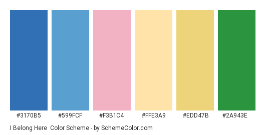I Belong Here - Color scheme palette thumbnail - #3170b5 #599fcf #f3b1c4 #ffe3a9 #edd47b #2a943e 