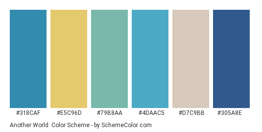 Another World - Color scheme palette thumbnail - #318caf #e5c96d #79b8aa #4daac5 #d7c9bb #305a8e 