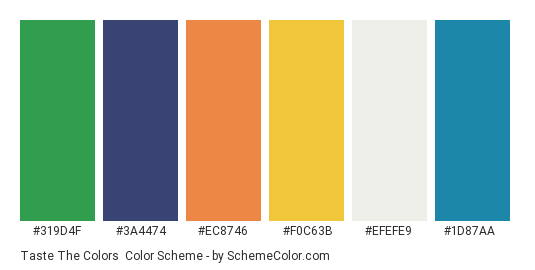 Taste the Colors - Color scheme palette thumbnail - #319d4f #3a4474 #ec8746 #f0c63b #efefe9 #1d87aa 