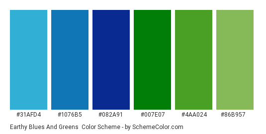 Earthy Blues and Greens - Color scheme palette thumbnail - #31afd4 #1076b5 #082a91 #007e07 #4aa024 #86b957 