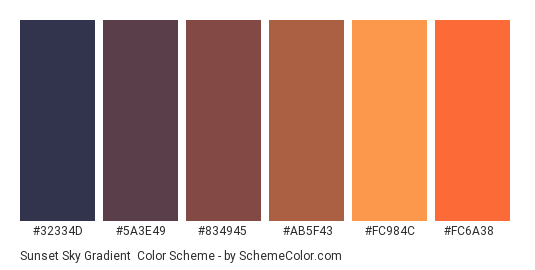 Sunset Sky Gradient - Color scheme palette thumbnail - #32334D #5A3E49 #834945 #AB5F43 #FC984C #FC6A38 