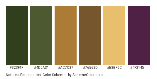 Nature’s Participation - Color scheme palette thumbnail - #323f1f #4d5a31 #ac7c37 #76562d #e8bf6c #4f2145 