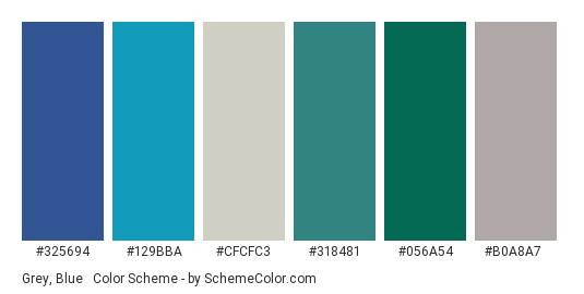 Grey, Blue & Green - Color scheme palette thumbnail - #325694 #129bba #cfcfc3 #318481 #056a54 #b0a8a7 