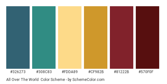 All Over the World - Color scheme palette thumbnail - #326273 #308C83 #FDDA89 #CF982B #81222B #570F0F 