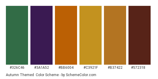 Autumn Themed - Color scheme palette thumbnail - #326C46 #3A1A52 #BB6004 #C3921F #B37422 #572318 