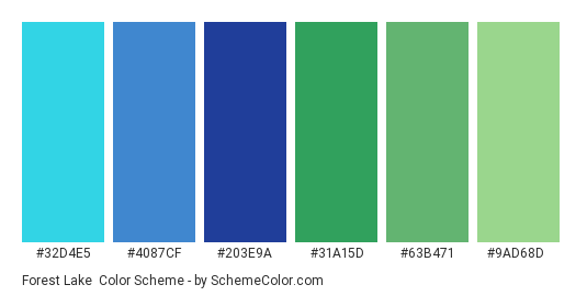 Forest Lake - Color scheme palette thumbnail - #32d4e5 #4087cf #203e9a #31a15d #63b471 #9ad68d 