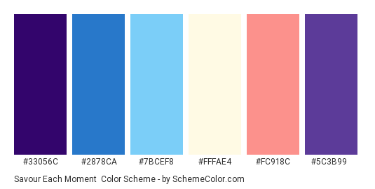 Savour Each Moment - Color scheme palette thumbnail - #33056c #2878ca #7bcef8 #fffae4 #fc918c #5c3b99 