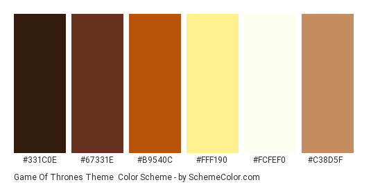 Game of Thrones Theme - Color scheme palette thumbnail - #331C0E #67331E #B9540C #FFF190 #FCFEF0 #C38D5F 