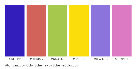 Abundant Joy - Color scheme palette thumbnail - #331ebb #d1635b #a6c84d #fbdd0c #8b74dc #dc7bc3 