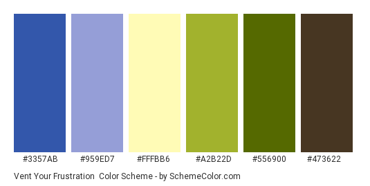 Vent Your Frustration - Color scheme palette thumbnail - #3357AB #959ED7 #FFFBB6 #A2B22D #556900 #473622 