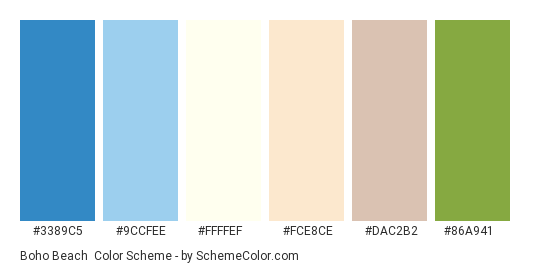 Boho Beach - Color scheme palette thumbnail - #3389C5 #9CCFEE #FFFFEF #FCE8CE #DAC2B2 #86A941 