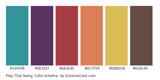 Play that Swing - Color scheme palette thumbnail - #33959B #5B3561 #A83E45 #DC7F59 #DBBD58 #654C45 