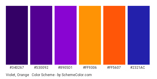 Violet, Orange & Blue - Color scheme palette thumbnail - #340267 #530092 #8905d1 #ff9306 #ff5607 #2321ac 
